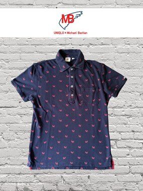 Michael Bastian x Uniqlo Polo S Navy Red Squirrel Print Chest Pocket